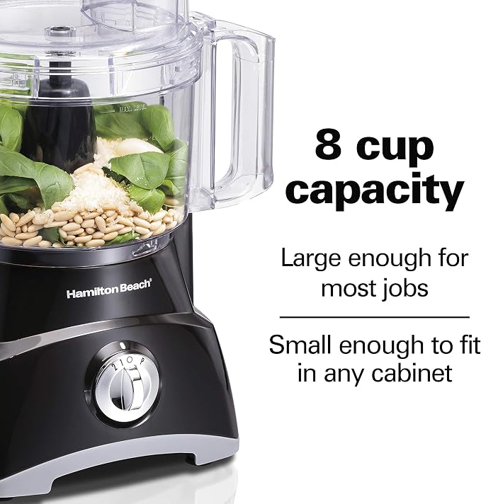 Hamilton Beach 8 Cup Food Processor & Vegetable Chopper | Large Feed Chute | Powerful 450 Watt Motor | Stainless Steel S-Blade and Reversible Shredding Disc | Black | 70740G
