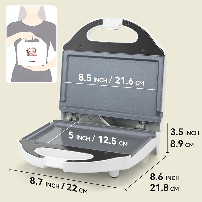 AshGlen Ceramic Mini Panini Press, Breakfast Sandwich Maker Press, Sandwich Press, 2-Slice Grilled Cheese Maker, Sandwichera Electrica, Panini Maker, Sandwich Toaster, PFAS-Free Ceramic Coating, White