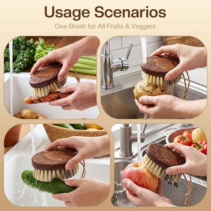 Vegetable and Fruit Cleaning Brush Scrubber Beechwood Handle Fruits Veggie Wash Brushes Potato Carrot Cucumber Mushrooms Washing Cleaner(Beige Brown, 1)