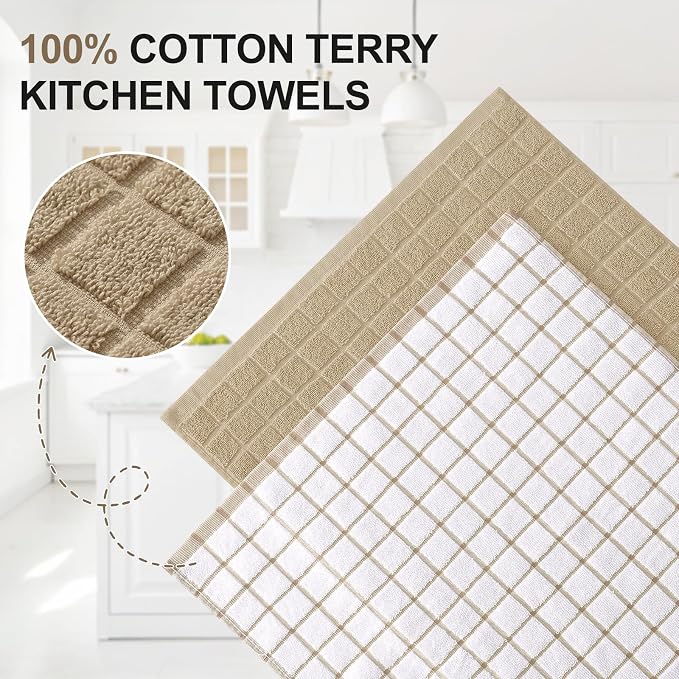 Homaxy Large Premium Cotton Kitchen Towels 16"x 28", 6 Pack, Tan | Natural Ring Spun 390 GSM Dish Towels, Super Absorbent Terry Kitchen Hand Towels, Soft Tea Towels with Hanging Loop