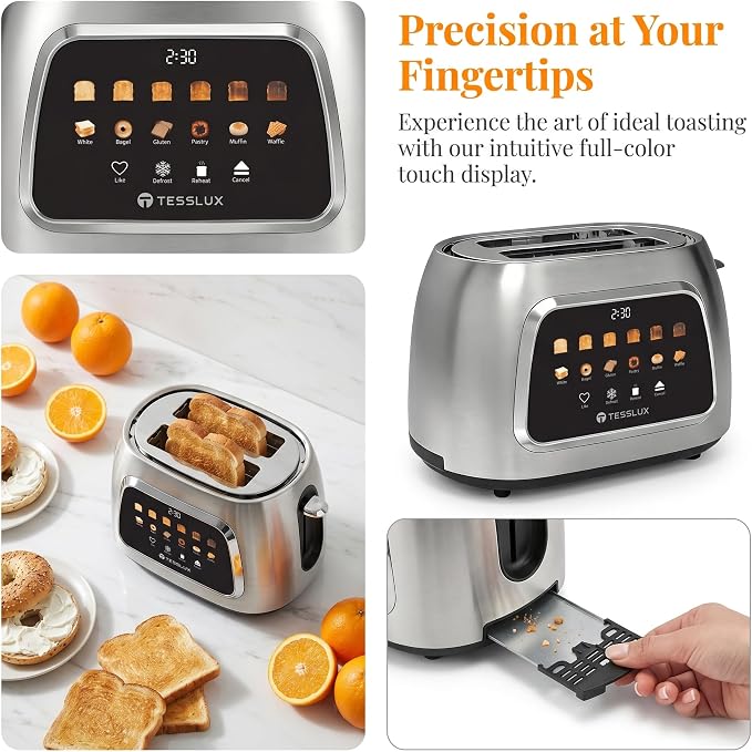 Tesslux Toaster 2 Slice, Extra Wide Slot, 800W, Touch Screen Panel, Silver | LED Countdown, 6 Bread Modes, 6 Browning Levels, Memory Button, Defrost, Reheat, Cancel, Crumb Tray, Brushed Stainless Steel