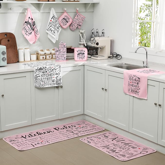 Fourluoo 10 Pcs Pink Kitchen Decor Oven Mitts and Pot Holders Sets Pink Dish Towels Vintage Kitchen Rugs and Mats for Home Wedding Farmhouse Decorations Baking Cooking Birthday Gifts Accessories