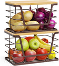 ALOCEO 2 Pack Stackable Wire Storage Basket with Bamboo Lid, Trash Bag Dispenser Under Sink for 4-13 Gal Bags, Kitchen Storage Bins for Potato and Onion, Brown