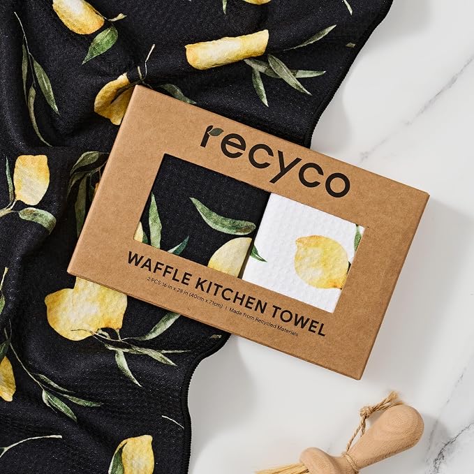 RECYCO Waffle Kitchen Towel Set of 2 - Quick Dry Microfiber Sustainable Dish Towels - Ultra Absorbent Reusable Cleaning Tea Towels - Lightweight Hand Towels,16”x 28”, Lemon Grove