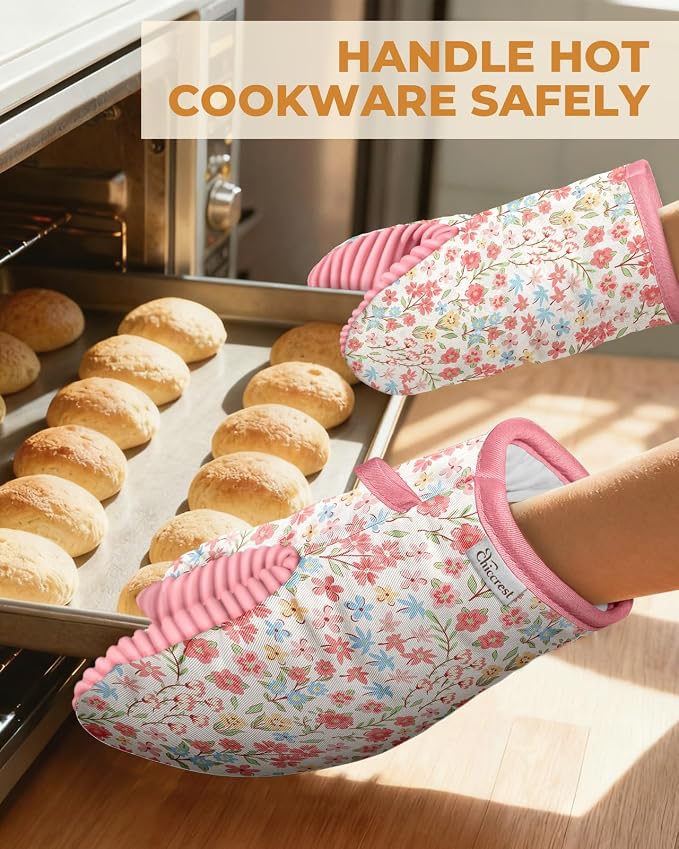 100% Thick Cotton Oven Mitts Ribbed Soft Silicone Pink Flower | Aesthetic Oven Mitts for Women, Machine Washable Non-Slip Kitchen Mitts, Reversible for Both Hands, Stylish Kitchen Decor