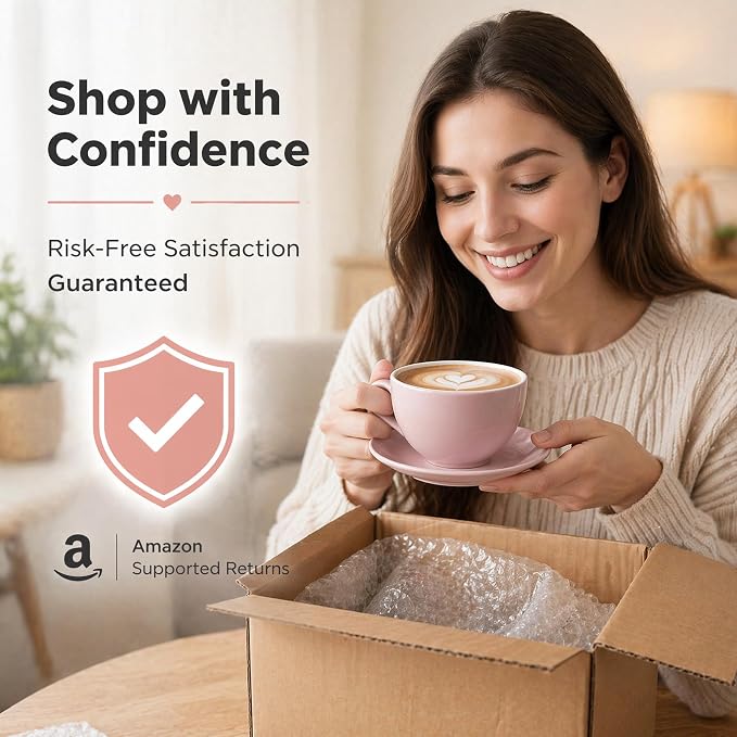 DeeCoo 11 oz Pink White Cappuccino Mug- Large Ceramic Coffee Cup with Saucer - Microwave and Dishwasher Safe, Perfect For Tea, Espresso, Latte - Porcelain Set for Kitchen or Cafe, Baristas, Great Gift