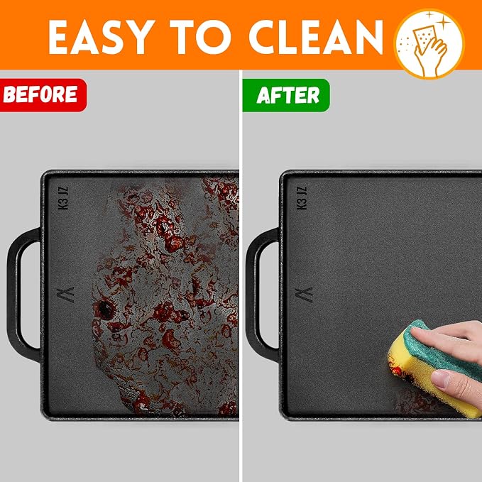 GGC Cast Iron Reversible Griddle | Double-sided Griddle Pan for Stove Tops and Gas Grills, 15"x 9" Griddle Plate with Flat and Ribbed Side for Cooking