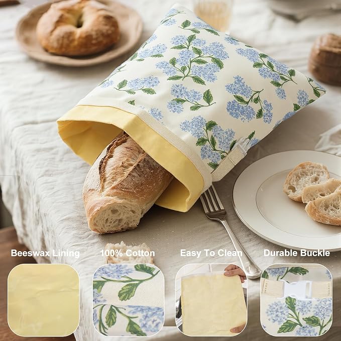 Reusable Beeswax Bread Bags for Homemade Bread & Sourdough, 2-Pack XL Airtight Food Storage Bags, Organic Cotton Linen Covers - Freezer-Friendly Freshness Preservation Keeps Fresh Longer