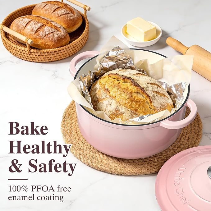 Umite Chef Enameled Cast Iron Dutch Oven-7QT Pot with Lid Cookbook & Cotton, Heavy-Duty Cookware for for Bread Baking, Braising, Stews, Marinate, Cook(Pink)