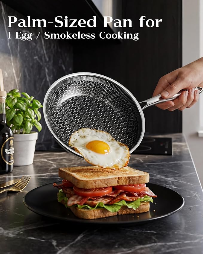 Nonstick Frying Pan with Lid 7-Inch, Durable Stainless Steel Skillet, Induction Cooktop Compatible, PFOA-Free Scratch-Proof, Dishwasher & Oven Safe, Stay-Cool Handle, Silver Kitchen Cookware