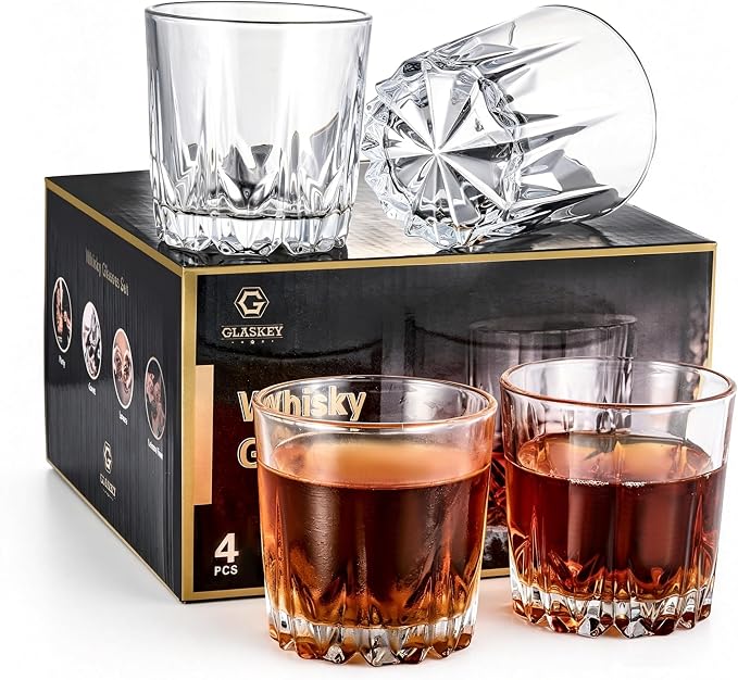 GLASKEY Whiskey Glasses Set of 4,Lead-Free Crystal Old Fashioned Glass,Scotch Glass Tumblers for Drinking Bourbon,Cognac,Irish Whisky,Whisky Glass Gift Set for Men,Dad,Brother-10oz