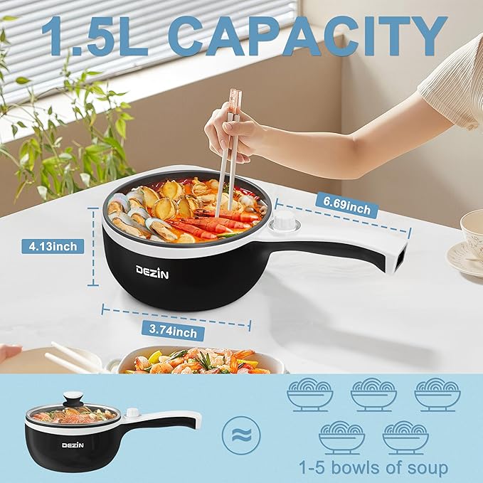 Dezin Hot Pot Electric, 1.5L Non-Stick Portable Electric Pot, Dual Power | 700W Upgraded Electric Pot for Cooking Steak, Egg, Oatmeal, Soup, Mini Ramen Cooker for Dorm, Travel, Camping, RV, Black Pan