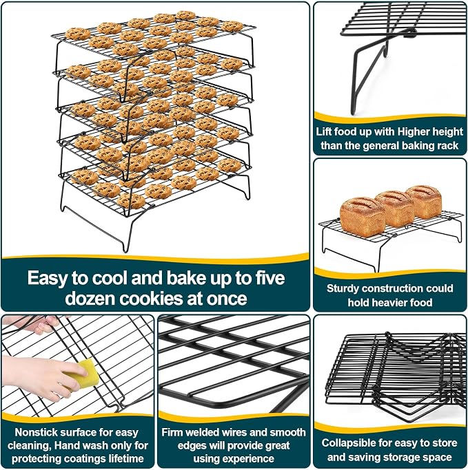 P&P CHEF 5-Tier Stainless Steel Cooling Rack, 15" x 10", Black | Stackable Baking Cooking Racks for Cooling Roasting Grilling, Collapsible & Heavy Duty, Oven Safe & Easy Clean