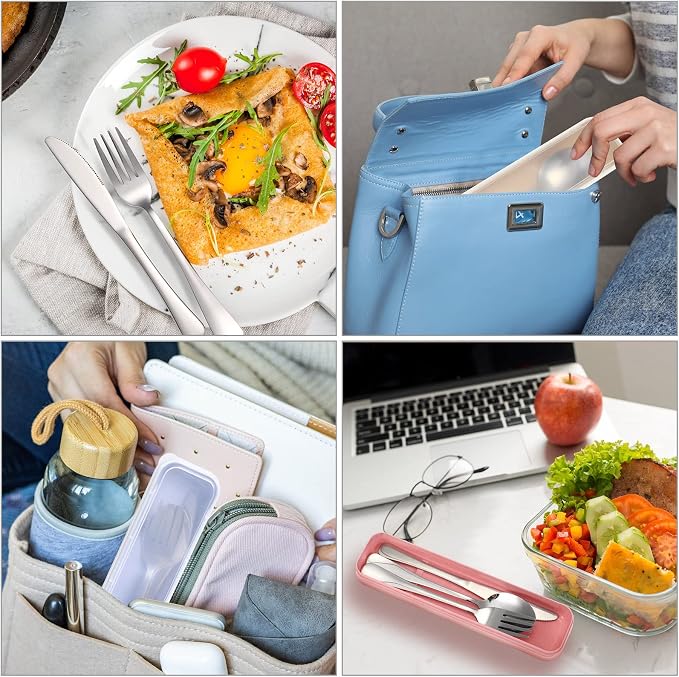 4 Pack Travel Silverware Set with Case for Lunch,Beige | Reusable Utensils with Case, Portable Flatware, Camping Cutlery, Fork Spoon Knife, for Work School, Dishwasher Safe