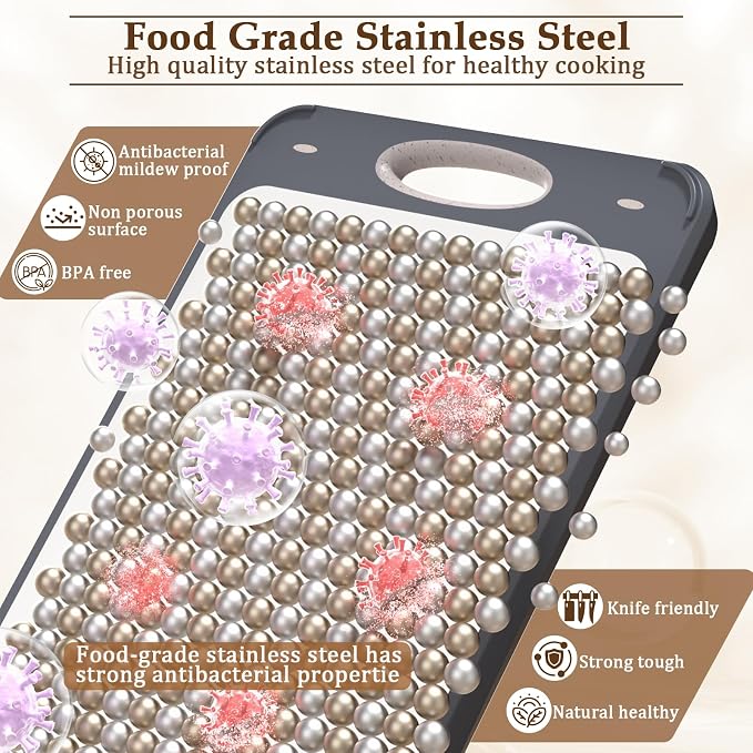 Stainless Steel Cutting Board for Kitchen, Non Toxic 2-in-1 Double Sided Design, 304 Food Grade Stainless Steel & Wheat Straw PP, Durable Chopping Board for Meat & Vegetables, 14×9.6 Inch