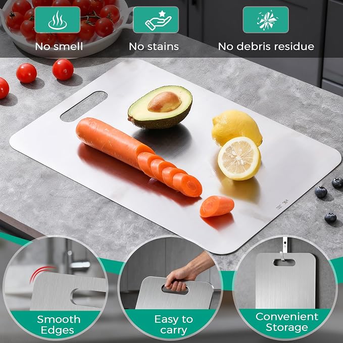 Katori Titanium Cutting Board - Upgraded 100% Pure Titanium Cutting Boards for Kitchen Non Toxic, Double Sided Food Grade Hygiene Non Moldy Dishwasher Safe Meat Fruit Metal Board (2PC 9x13.5 Inch)
