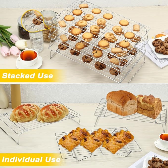 Hunnycook Cooling Racks - 10 * 16 Inch 3PCS Stackable Tall Baking Racks, Stainless Steel Wire Rack for Baking Sheet, Cooling Racks for Cooking and Baking, Oven and Dishwasher Safe