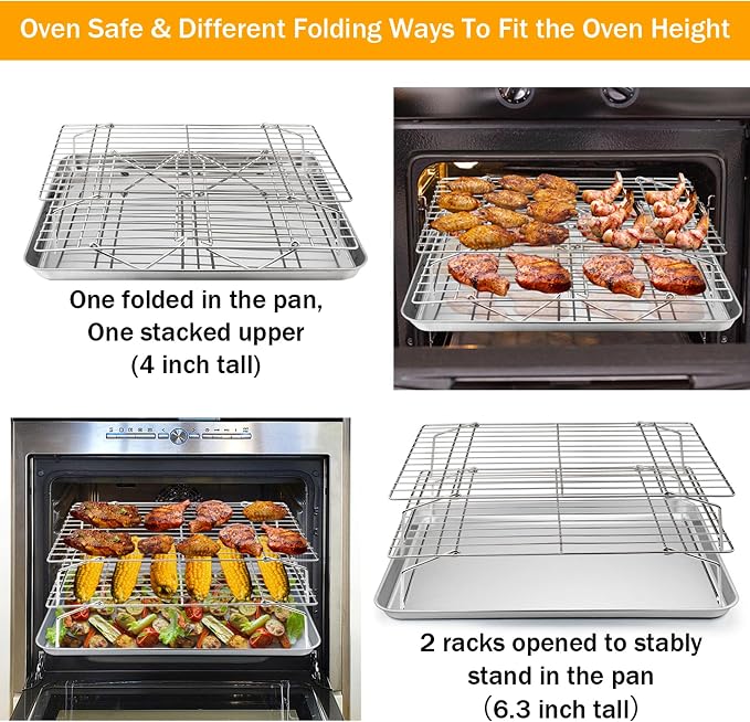 TeamFar Cooling Rack, 15"x10" Stainless Steel Wire Rack | for Baking Roasting Cooling, Non-Toxic & Heavy Duty, Stackable & Flexible, Dishwasher Safe, 2-Tier