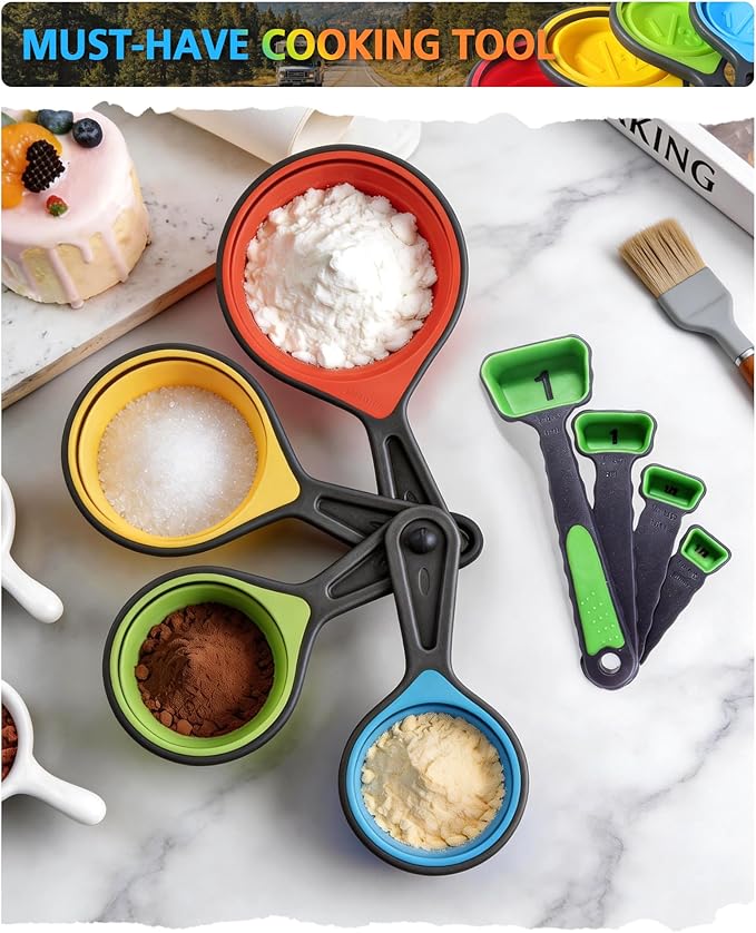 Measuring Cups and Spoons set, Collapsible Measuring Cups, 8 piece Measuring Tool Engraved Metric/US Markings for Liquid & Dry Measuring, Space Saving, BPA Free Silicone, Colorful