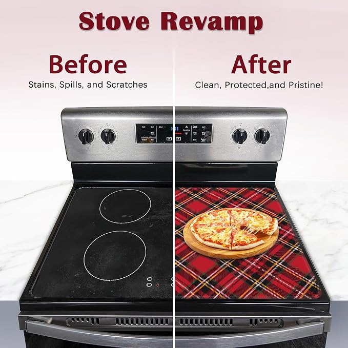 Red Black Plaids Stove Top Cover Glass Cooktop Heat Resistant Cover,Retro Christmas Plaid Ceramic Stove Top Covers Mat Prevents Scratching Stoves/Counter/Washer Protector,28x20 in
