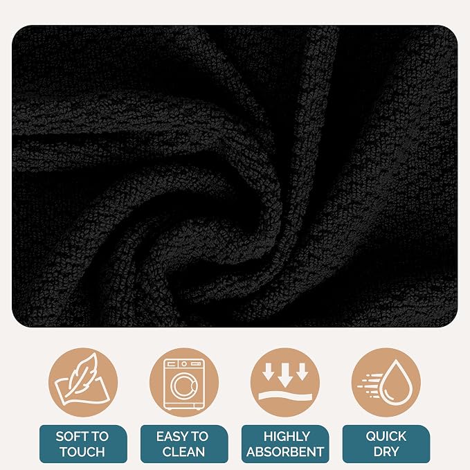 Casa Platino Kitchen Towel Set 8 Pc - 4 Dish Towels for Kitchen (16"x26") & 4 Dish Cloths (13"x13") - Absorbent, Quick Dry, Durable Cleaning Cloth & Hand Towels With Hanging Loop for Cleaning - Black.