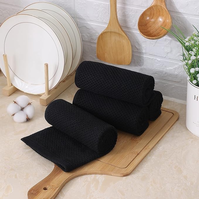 Kitinjoy 100% Cotton Waffle 4-Pack Kitchen Towels, 13" x 28", Black | Super Soft, Ultra-Absorbent, Fast Drying, lightweight, Quick Drying Kitchen Hand Towels