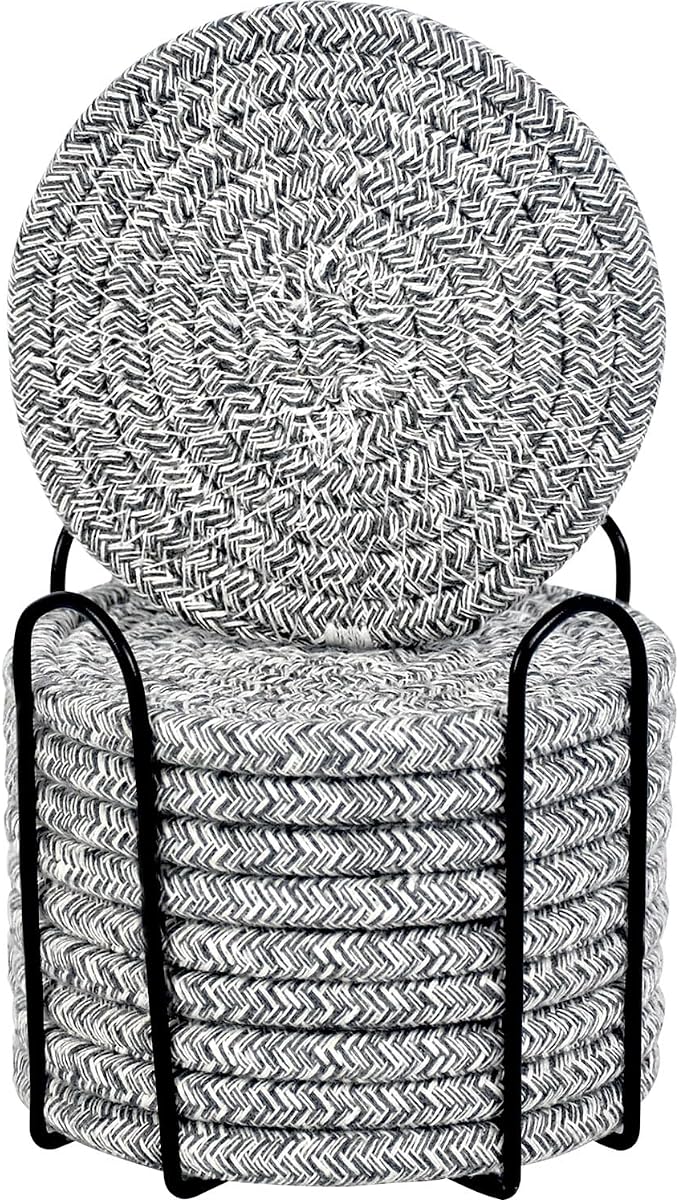 ABenkle Drink Coasters with Holder Set of 10, Cotton Woven Absorbent Coasters for Drinks, Minimalist Home Decor Coaster Set for Wooden Tabletop Protection Table, 4.3 inches