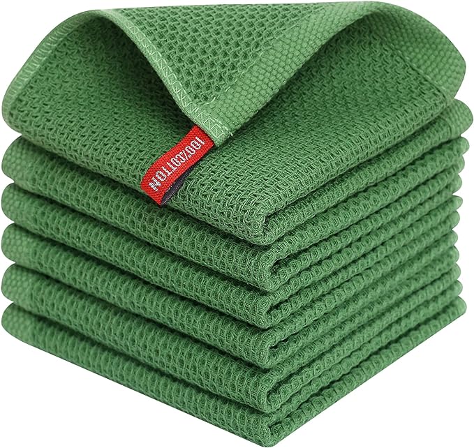 Homaxy 100% Cotton Waffle Weave Kitchen Dish Cloths 6-Pack, Grass Green | 12 x 12 Inches, Ultra Soft Absorbent Dish Towels, Quick Drying Dish Rags with Hanging Loop