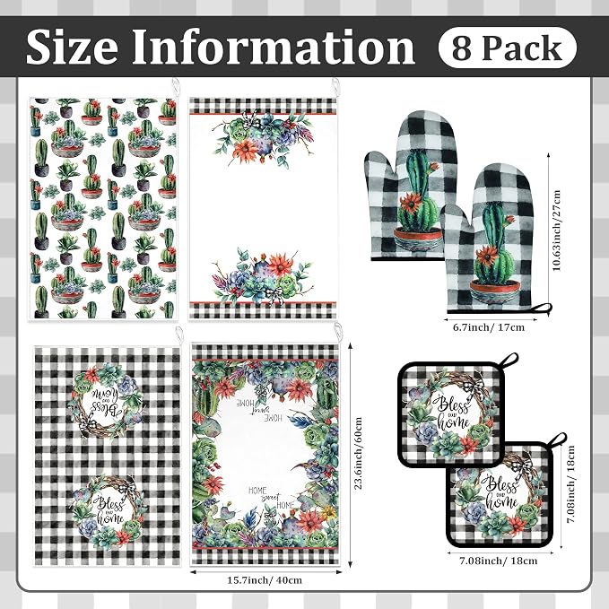 8 Pcs Kitchen Towels Pot Holders and Oven Mitt Set Kitchen Accessories 4 Dish Towels 2 Absorbent Square Potholders 2 Heat Resistant Glove for Cooking Baking Home (Green(Southwest Cactus)