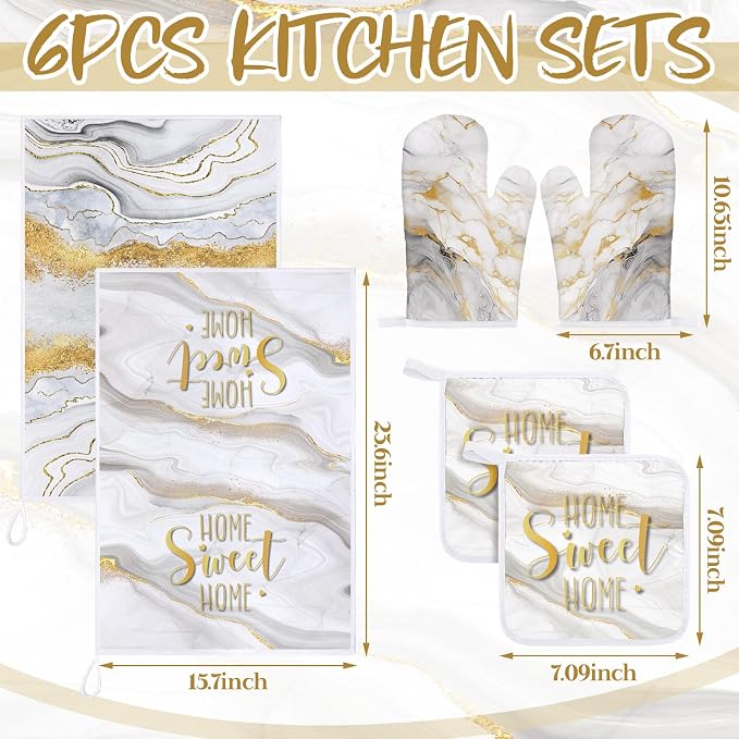 Bencailor 6 Pcs White and Gold Kitchen Decor White Marble Dish Towels Oven Mitts and Potholder Marble Kitchen Set for Baking Cooking Grilling Cleaning Supply Accessories