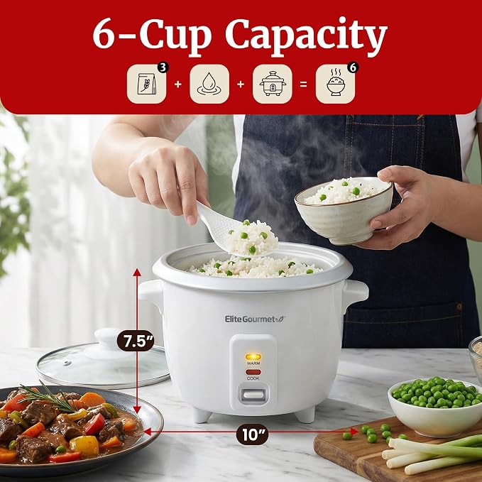 Elite Gourmet ERC-003X Rice Cooker, Keep Warm, White, 6 Cups Cooked | 3 Cups Uncooked - Also Makes Soups, Stews, Grains and Hot Cereals for Versatile One-Pot Meals