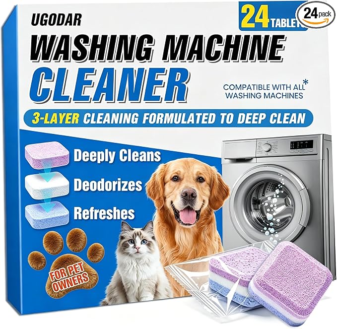 Washing Machine Cleaner Tablets 24-Pack, 3-Layer Formula Deep Cleaning, Pet Hair & Odor Removal, Residue & Build-Up Cleaner for HE, Front Load & Top Load Washers