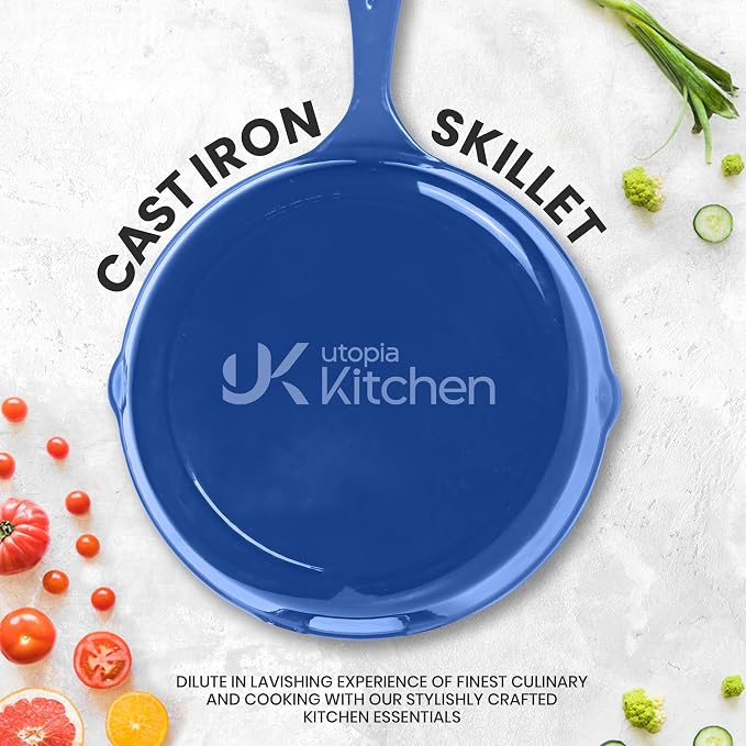 Utopia Kitchen Cast Iron Skillet Set 3 Piece 6 8 10 Inch PFAS-Free Blue | Chef Pan, Even Heat Distribution, Stovetop, Campfire and Grill Safe, Large Skillet Set, Indoor Outdoor Use