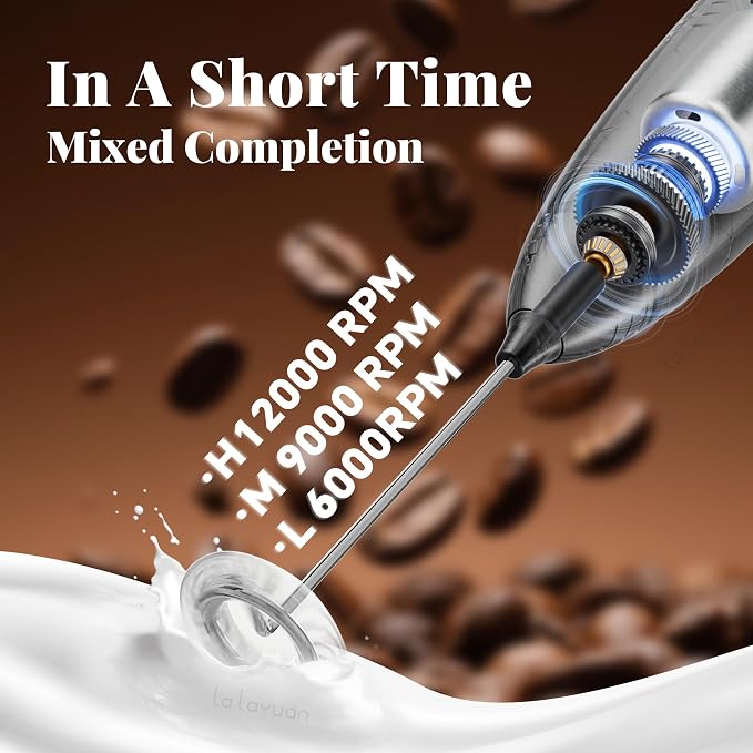 Electric Milk Frother, Three speed adjustment, USB Rechargeable Cordless Hand Blender with Sticky Stand Included, Portable Kitchen Stainless Steel Egg Beater, Mixed Drinks, Coffee Stirrers (Black set)