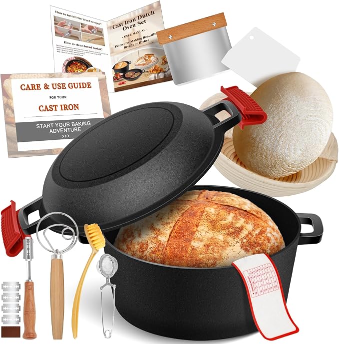 Cast Iron Dutch Oven for Bread Baking, 2-in-1 Pre-Seasoned Dutch Oven Pot | Banneton Bread Proofing Basket Sourdough Bread Baking Supplies, Dutch Oven Pot with Skillet Lid Cooking Pan Handles Lame, 5QT
