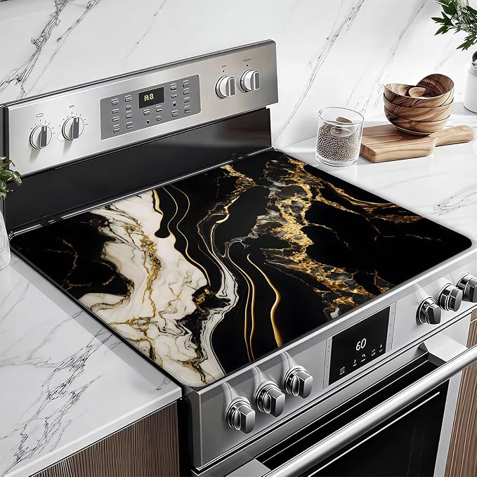 Black Gold Marble Stove Top Covers for Electric Stove, Electric Gas Stove Pad Heat Resistant Range Cooktop Protector for Home Decor Kitchen 28"x20"