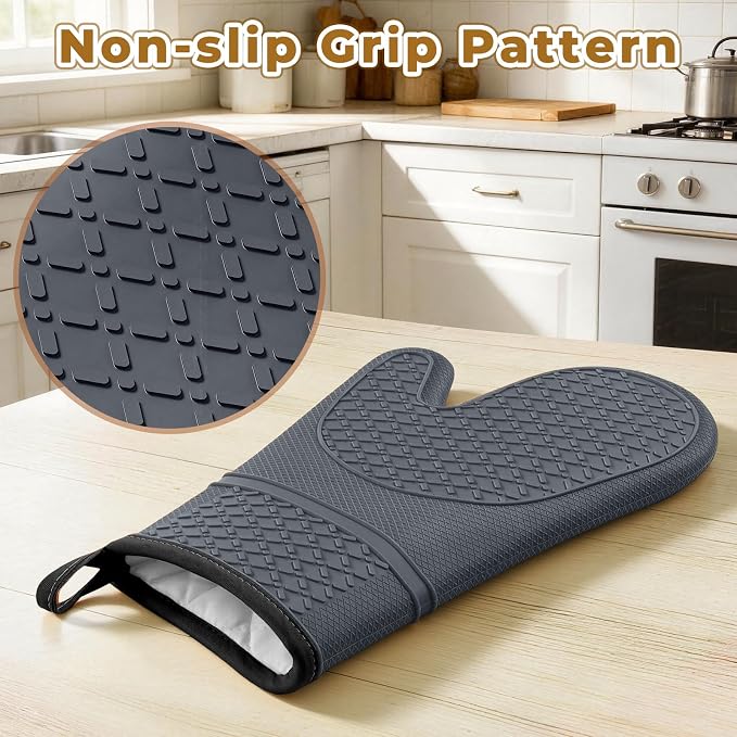 Heat Resistant Silicone Oven Mitts, Up to 500°F Protection for Baking & Grilling, 1 Pair (Grey, Standard Thickness)