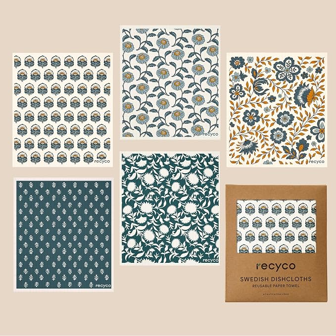 RECYCO Swedish Dishcloths for Kitchen | 5 Pack Indigo Petals Washable Dish Rags | Cellulose Reusable Cleaning Paper Towels | Absorbent Counter Dish Cloth Sponge Kitchen Wipes, 8" L x 7" W