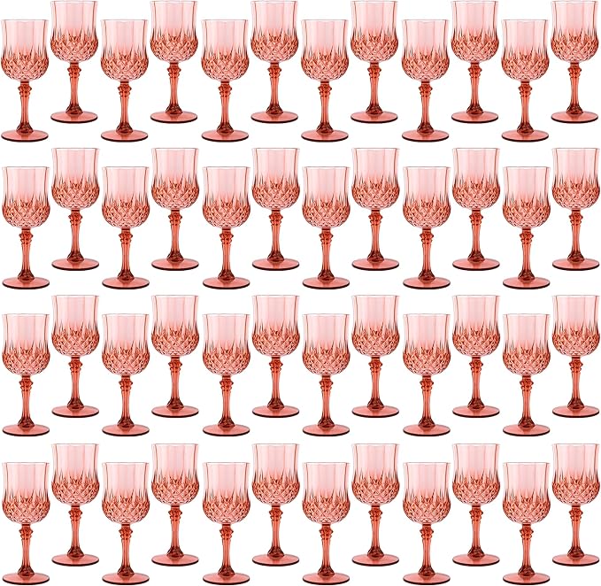 48Pack Plastic Wine Glasses, 7oz Vintage Goblets for Wedding | Unbreakable Crystal Style Reusable Stemware, Elegant Rose Gold Drinking Glass for Party Anniversary & Holiday Celebration