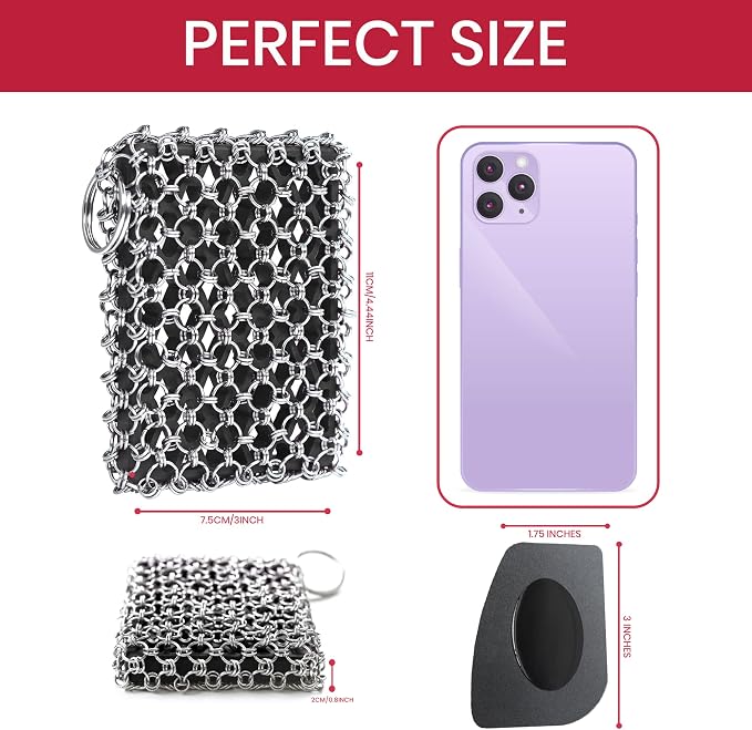 316L Cast Iron Scrubber Kit with Scraper Tool - Silicone Insert for Pan | Zylark Pan Cleaner Scrubber with Silicone Insert - Cast Iron Cleaning Kit - Chainmail Scrubber for Cookware