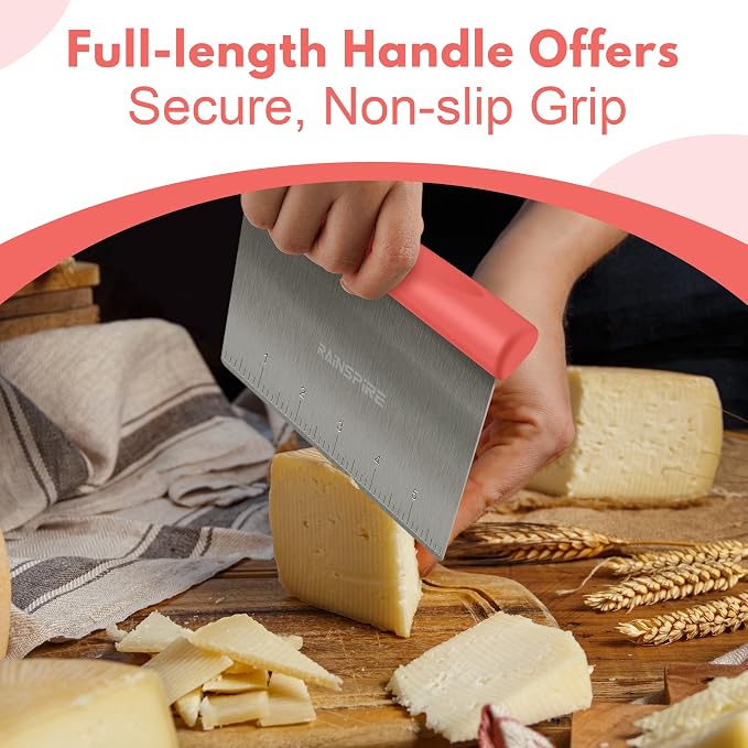 Upgraded 304 Stainless Steel Multi-Purpose Bench Scraper with Measurement Marks, Dishwasher Safe, Dough Cutter for Pizza, Bread and Cookie Dough Vegetable Chopper, Baking Supplies (Coral)