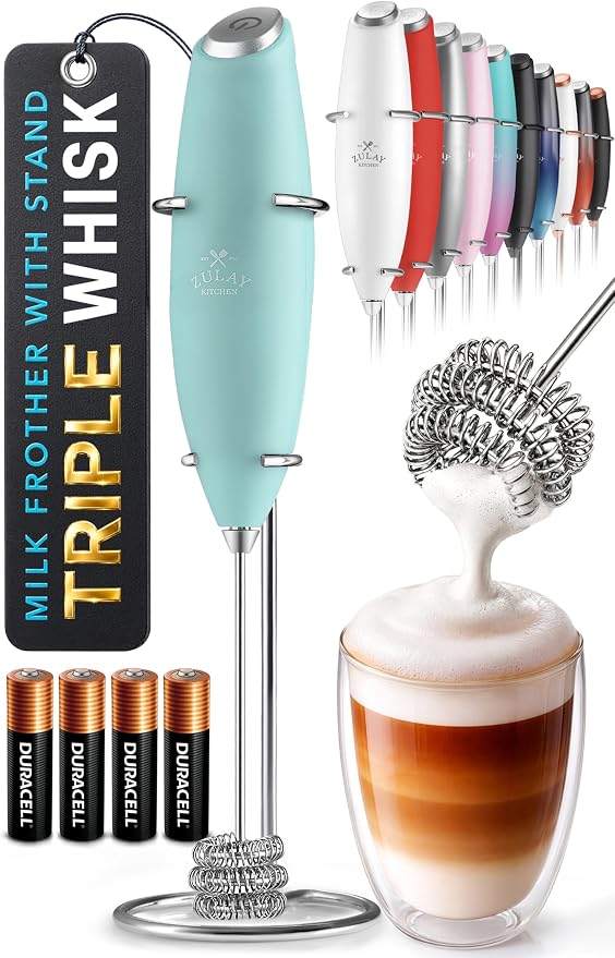 Zulay Kitchen Powerful Milk Frother Wand With Duracell Batteries - Ultra Fast Handheld Drink Mixer - Electric Whisk Foam Maker for Coffee, Lattes, Cappuccino & Matcha - Triple Whisk - Peppermint