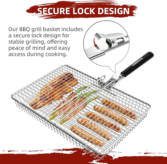 Grill Basket Extra Large, SUS304 Stainless Steel, Portable Folding BBQ Camping Grilling Rack for Fish, Vegetables, Shrimp, Barbeque Griller Cooking Accessories, Grilling Gifts for Men, Dad