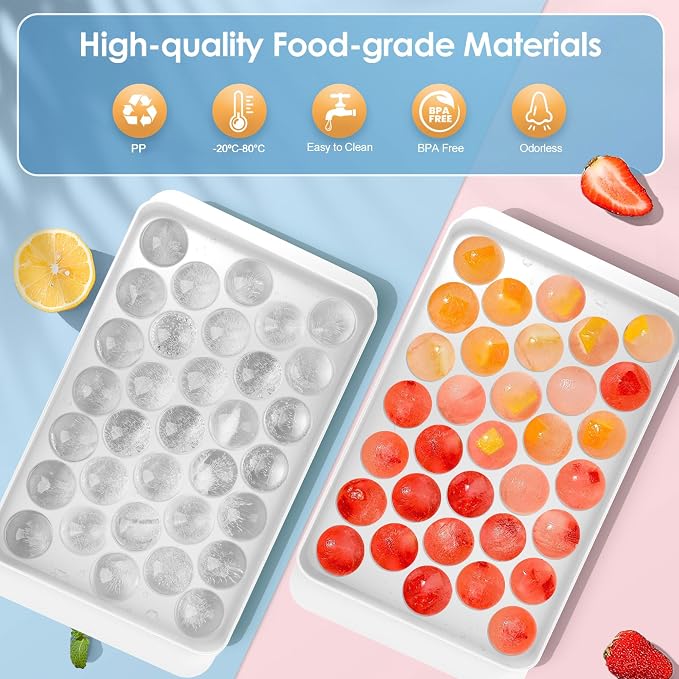Ice Cube Tray with Lid and Bin, 1" Round Ice Trays for Freezer | 2 White Ice Cube Trays with Ice Box & Scoop, 1" Round Ice Balls for Iced Coffee & Juice, Easy Twist Release, For Gatherings