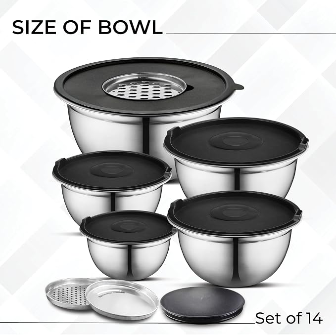 Premium Brushed Stainless Steel Mixing Bowls Sets, Easy To Clean, Space Saving, Great for Cooking, Baking, Prepping Needs 0.25qt, 1qt, 1.5qt, 3qt, 5qt (8 pc with Lid and Grater)
