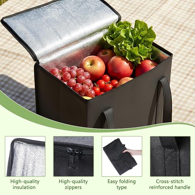 SHENLIU Set of 6 Large Insulated Reusable Grocery Bags, Foldable Washable | Heavy Duty Cooler Totes with Sturdy Zipper and Handles Insulated Food Delivery Bag for Hot and cold Food 16.1" x 13" x 10.2"