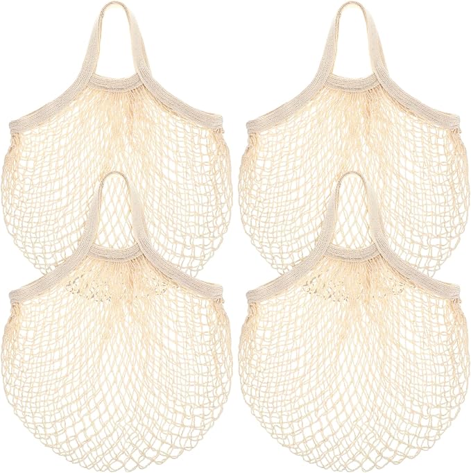 Paterr 4 Pack Cotton Mesh Produce Bags Bulk,Short Handle,Beige | Reusable Mesh Grocery Bags Bulk, Washable Net Market Tote String Shopping Bags, for Vegetable Fruit Beach Picnic Food Storage