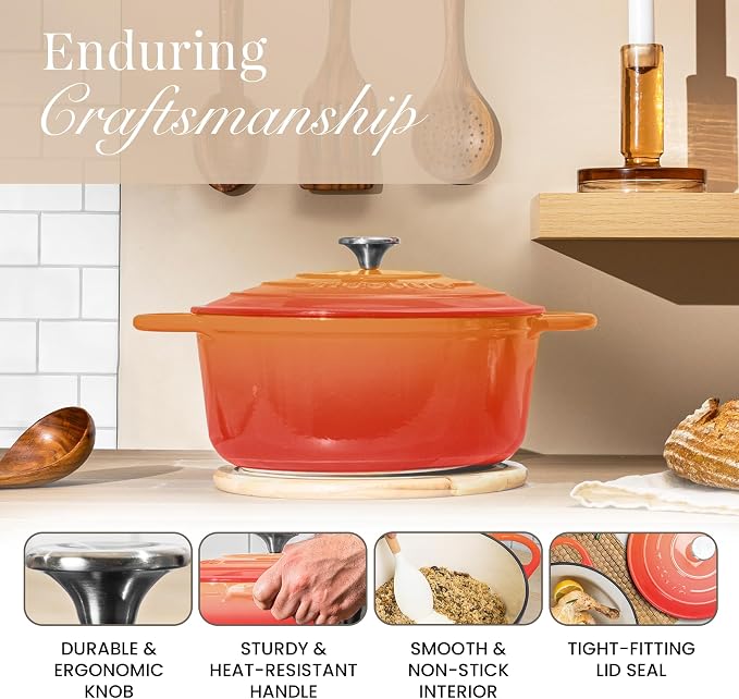 Nuovva Enamelled Cast Iron Dutch Oven Pot with Lid-6.4 Quart Non Stick Casserole Pot-Heavy Duty & Oven Safe up to 500° F for Bread Baking, Braising, Stews, Roasting - 28cm Orange