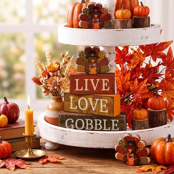 Lineshading 4 Pcs Thanksgiving Wooden Block Signs Turkey Tiered Tray Decor | Farmhouse Fall Table Centerpiece, Turkey Topper Sunflower Theme, Stacked Wood Blocks Live Love Gobble for Kitchen Shelf