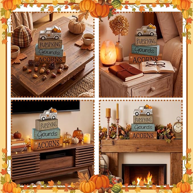 Lineshading 4 Pcs Fall Table Decoration for Home Rutic Fall Truck Decor | Rustic Farmhouse Block Signs, Stackable Pumpkins Gourds Acorns Design, Harvest Truck Theme for Seasonal Home Decor
